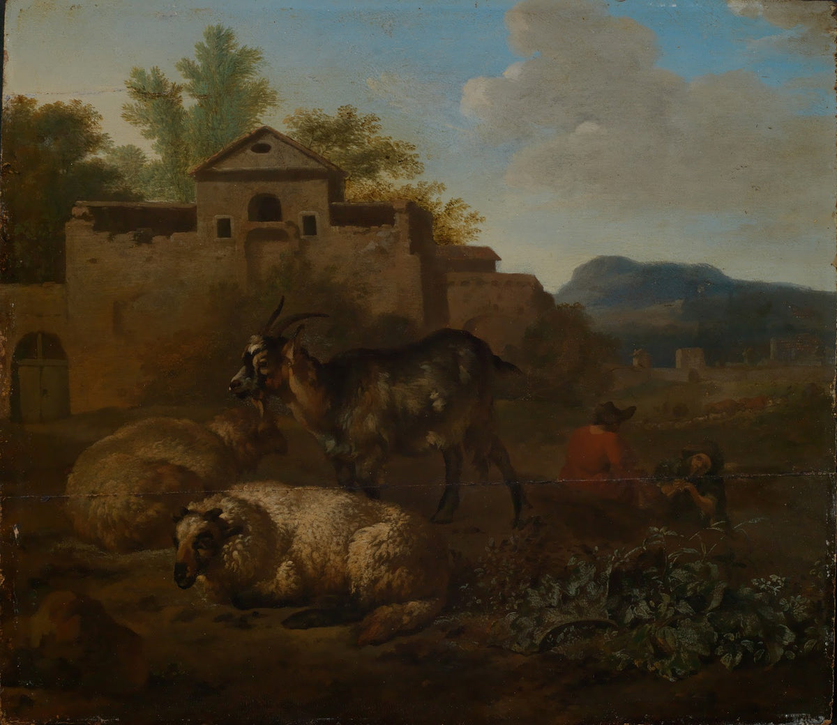 Ziege und Schafe mit musizierenden Hirten in Landschaft 1663