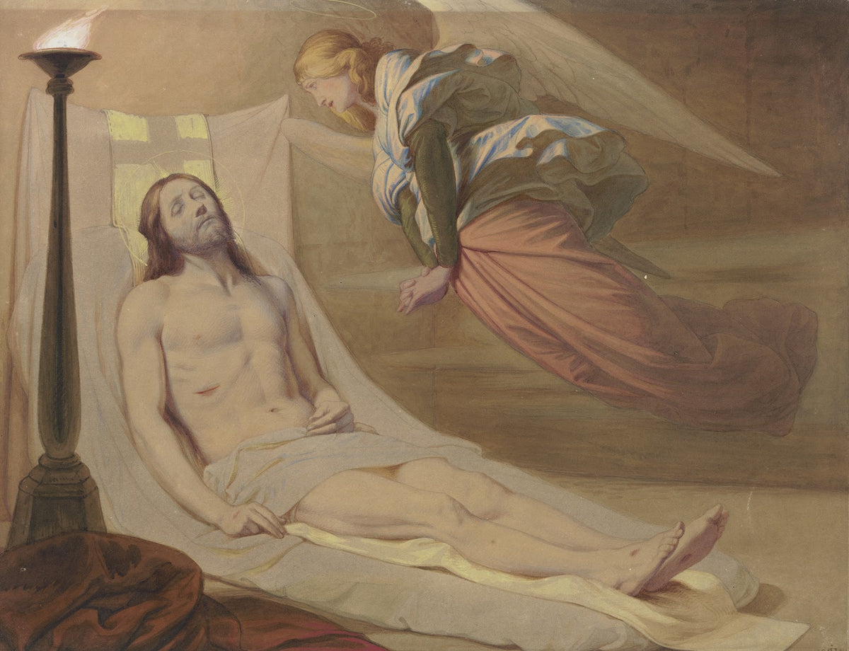 Christ in the grave a mourning angel hovering over him 1851