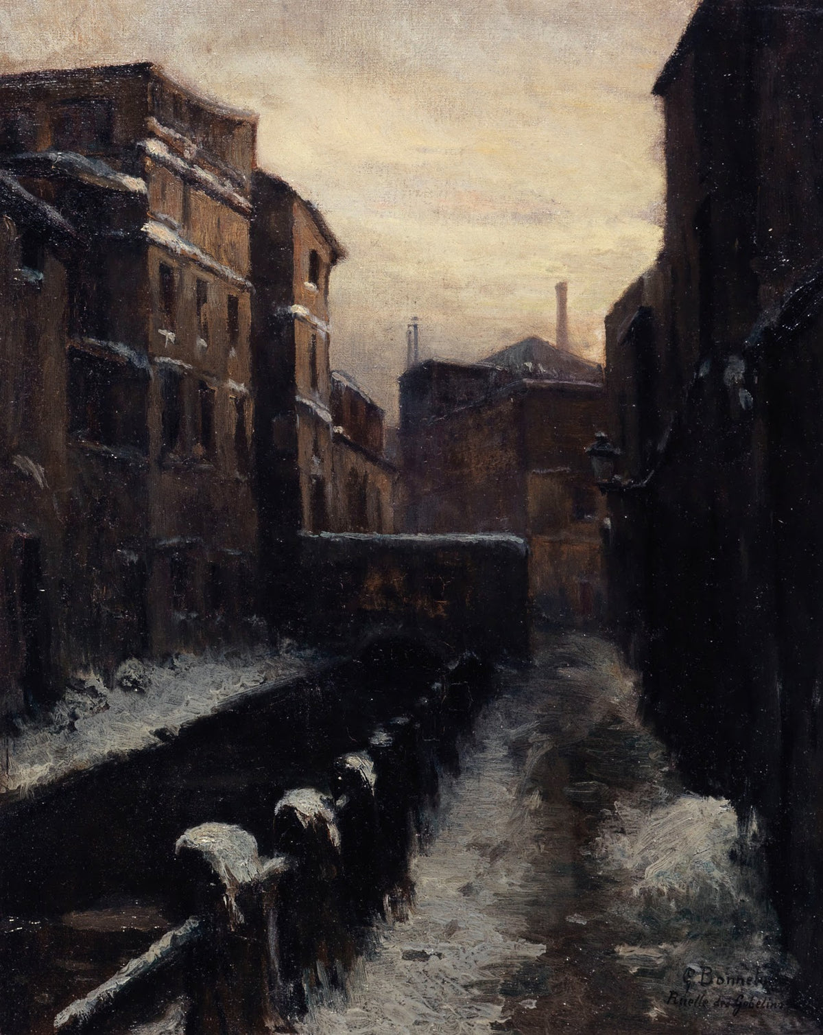 Vue de la Bièvre ruelle des Gobelins effet de neige 1900