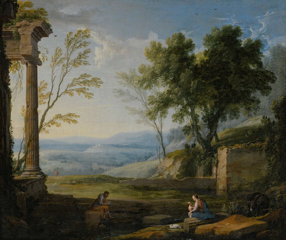 Classical landscape with ancient ruins figures in the foreground