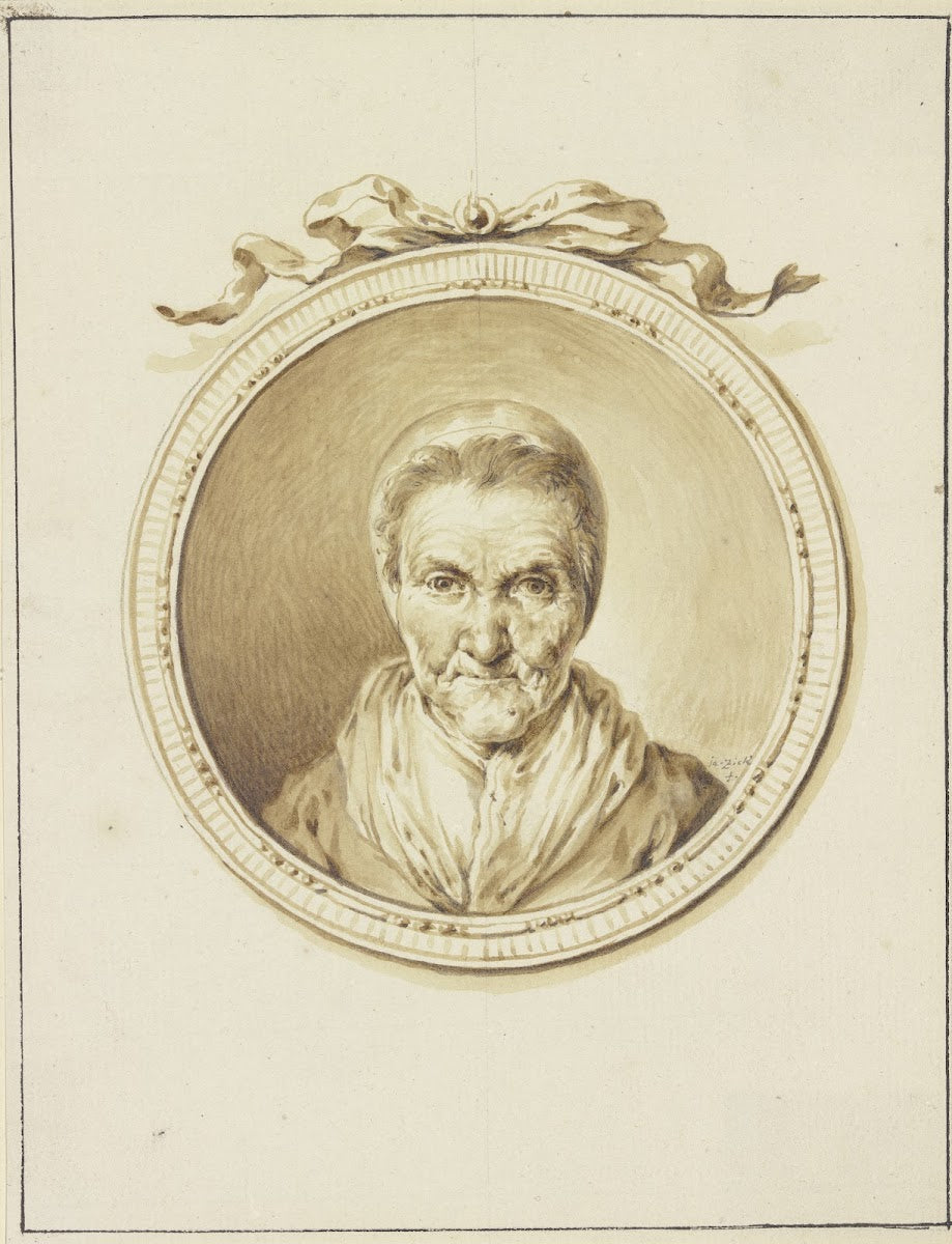 Bildnis einer alten Frau en face in einem Medaillon mit Schmuckband 1773
