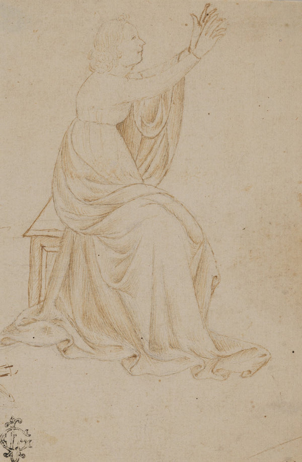 Seated Female Figure with Upraised Arms Facing Right mid 15th century