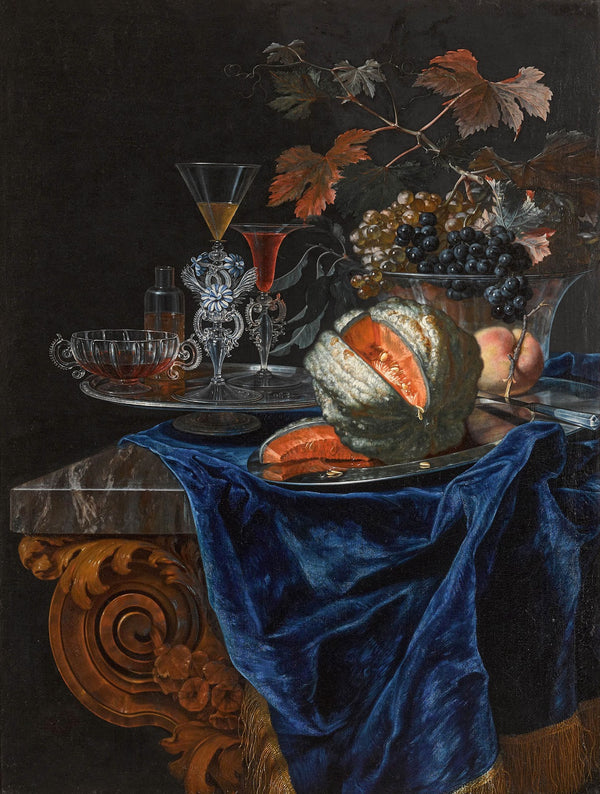 Still life with a melon and a peach on a silver platter with a glass bowl of gra