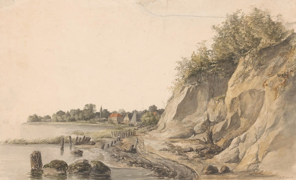 Rotsachtige rivieroever met op de achtergrond enkele huizen 1818 1865