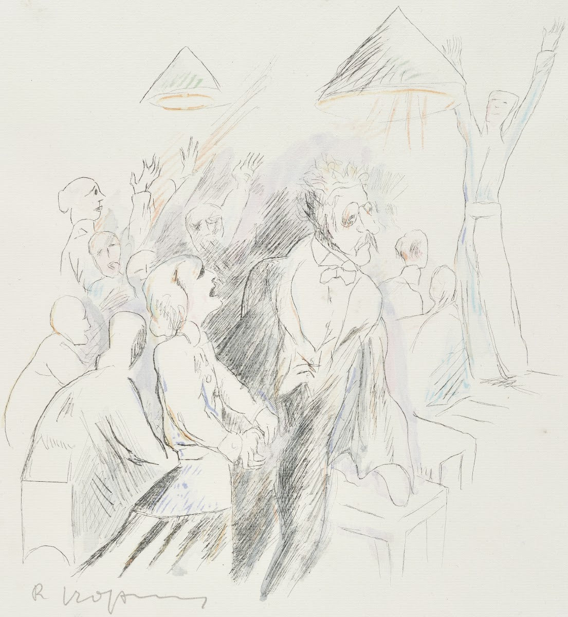 Theaterszene mit gestikulierenden Personen 1918
