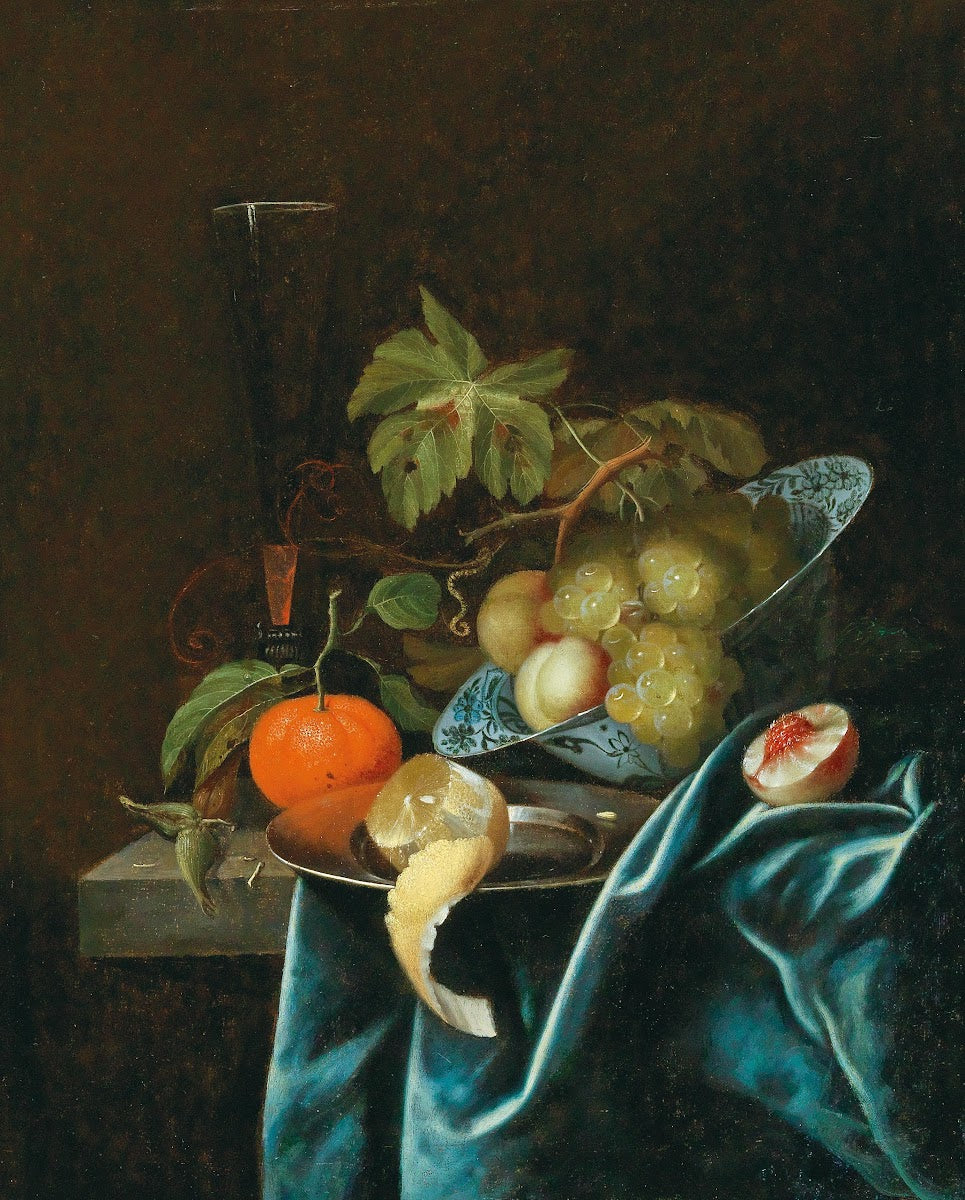 Oranges lemons and peaches on a tin plate and a Wan Li bowl