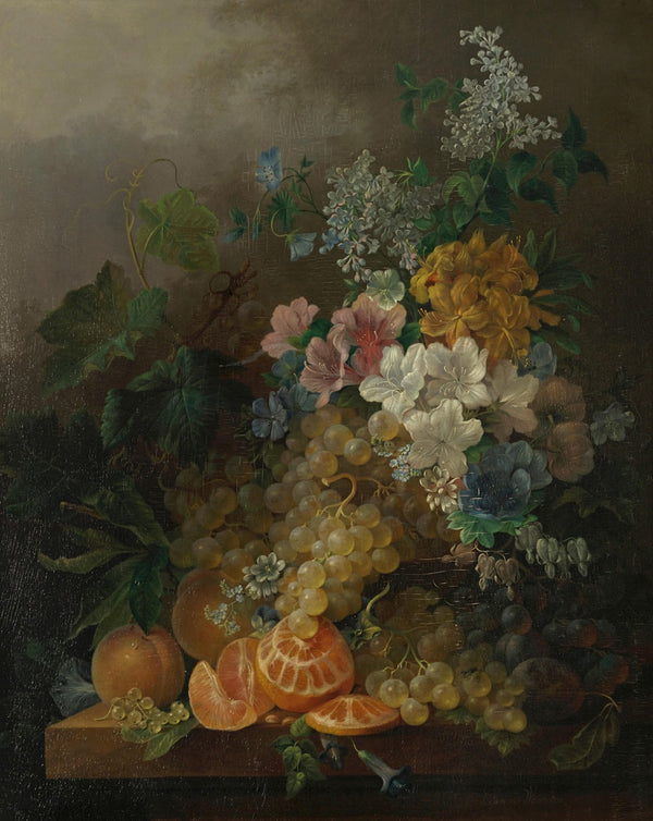 A still life with flowers peaches grapes and a peeled orange all resting on a ta