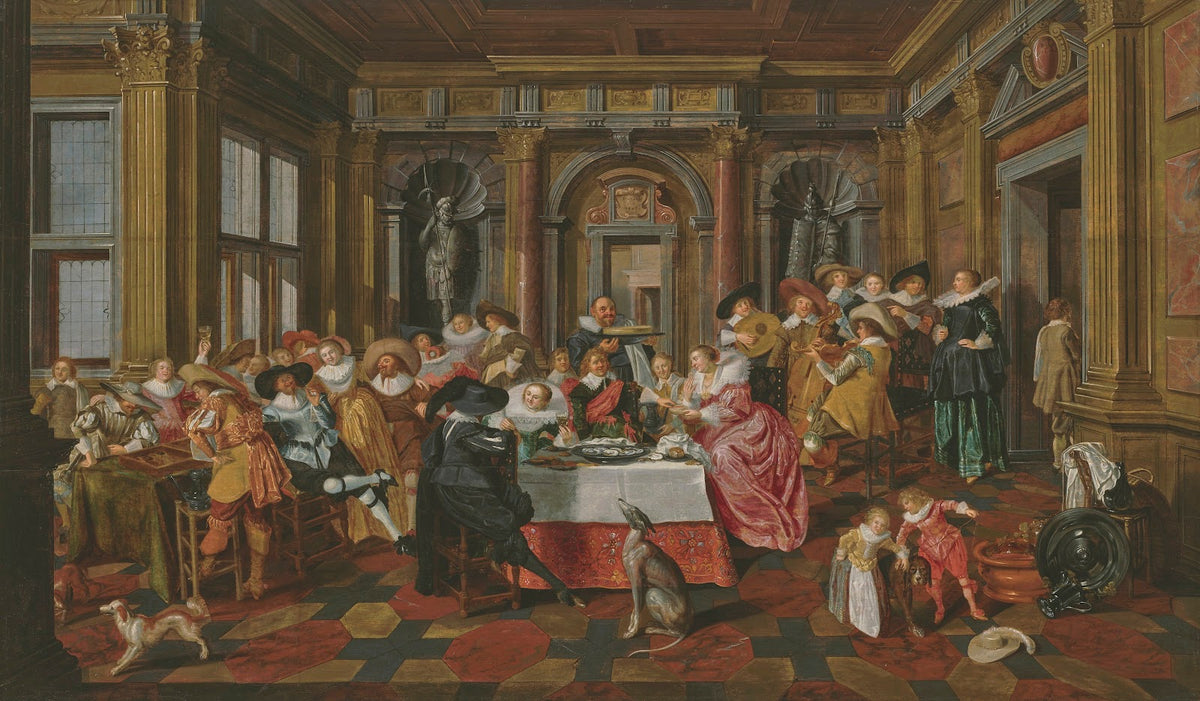 A merry company in a palatial interior with musicians and tric trac players 1628