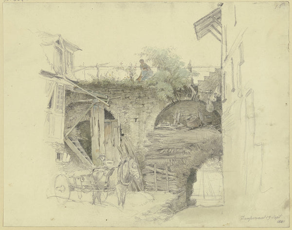 An der Stadtmauer hält ein Wagen oben begießt ein Mädchen ihre Blumen 1840