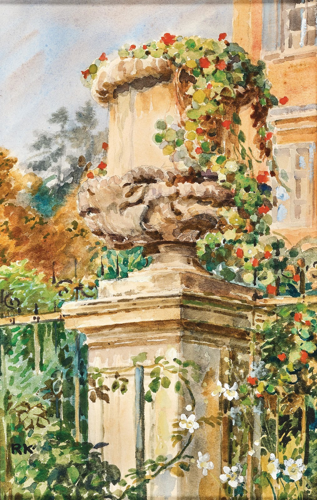 Garden fence with stone vase