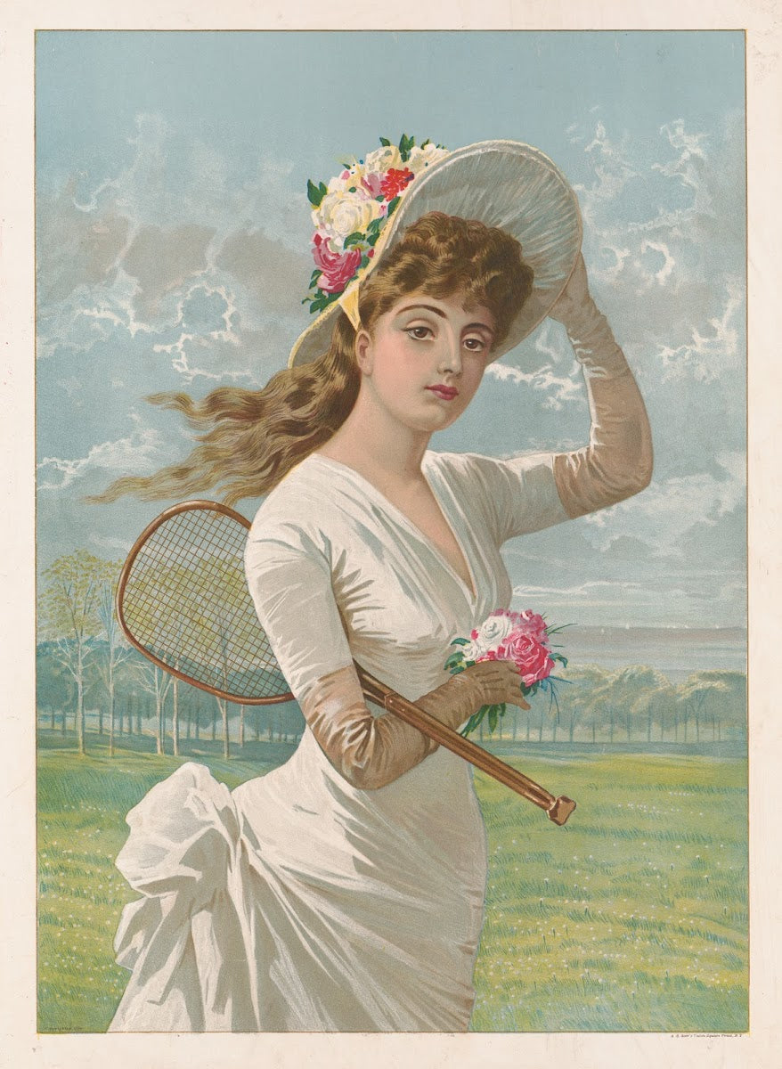 Woman in white dress holding flowers and tennis racket 1887