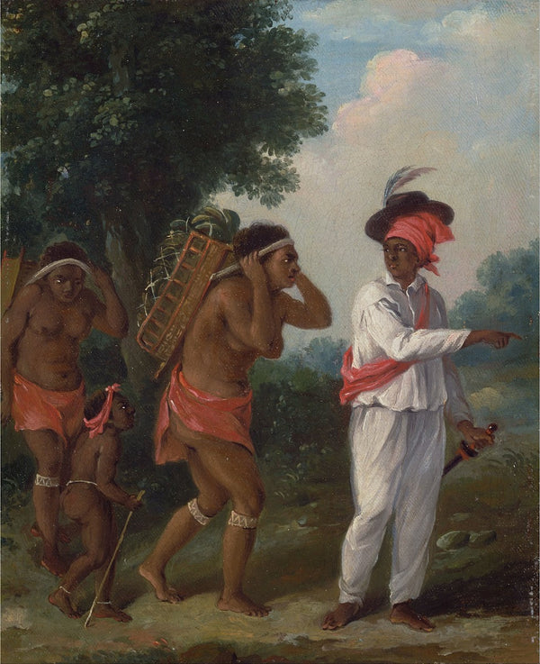 West Indian Man Of Color Directing Two Carib Women With A Child circa 1780