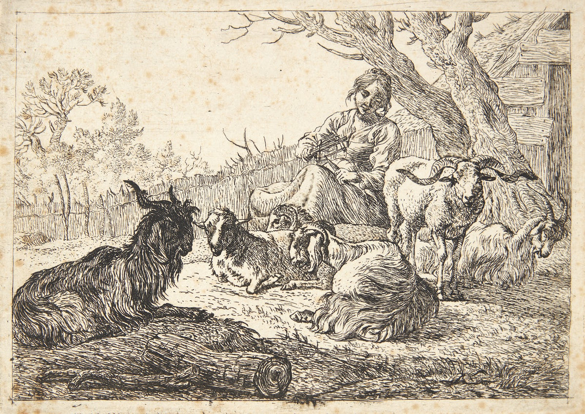 Hyrdinde med en garnvinde siddende blandt geder og får 1638