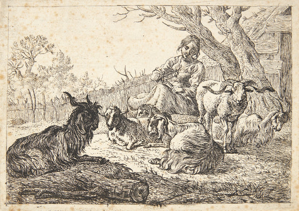 Hyrdinde med en garnvinde siddende blandt geder og får 1638