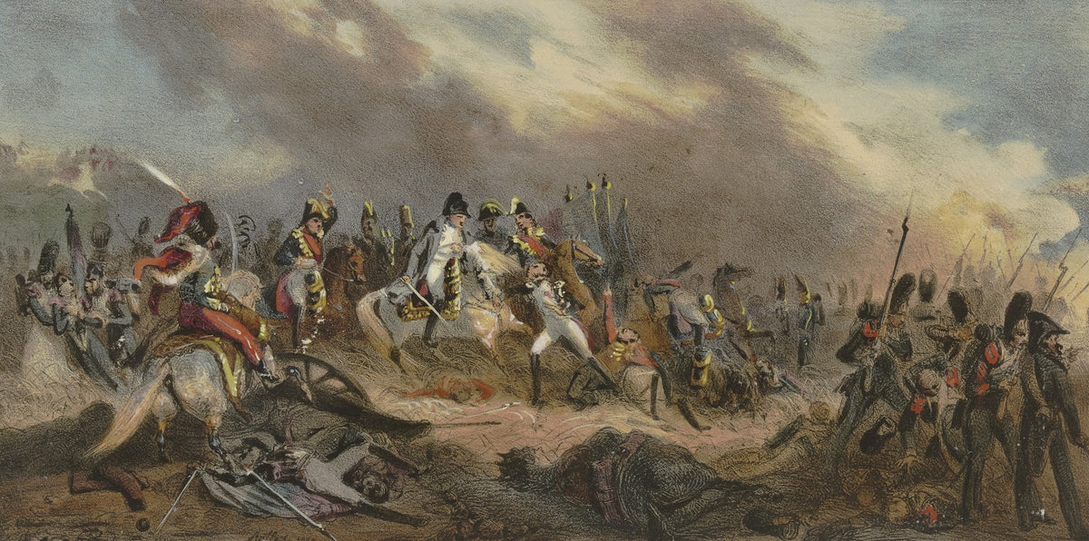 Napoleon mit seinem Hut über ein Schlachtfeld reitend 1829