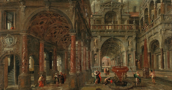 An architectural capriccio with a view of an imaginary classical palace and eleg