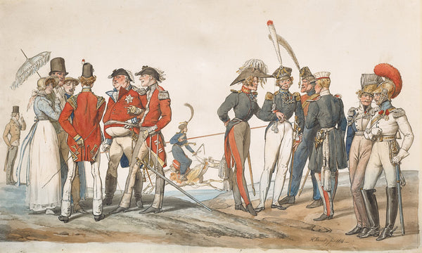 Officiers anglais et français discutant 1814