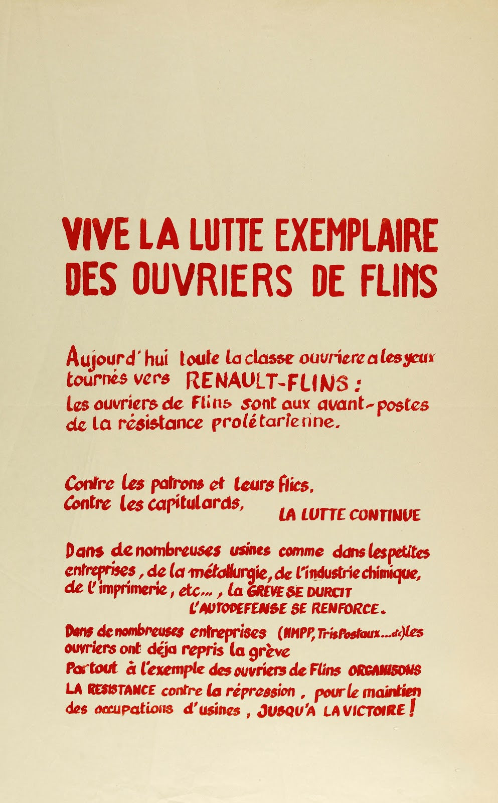 Vive La Lutte Exemplaire Des Ouvriers De Flins 1968