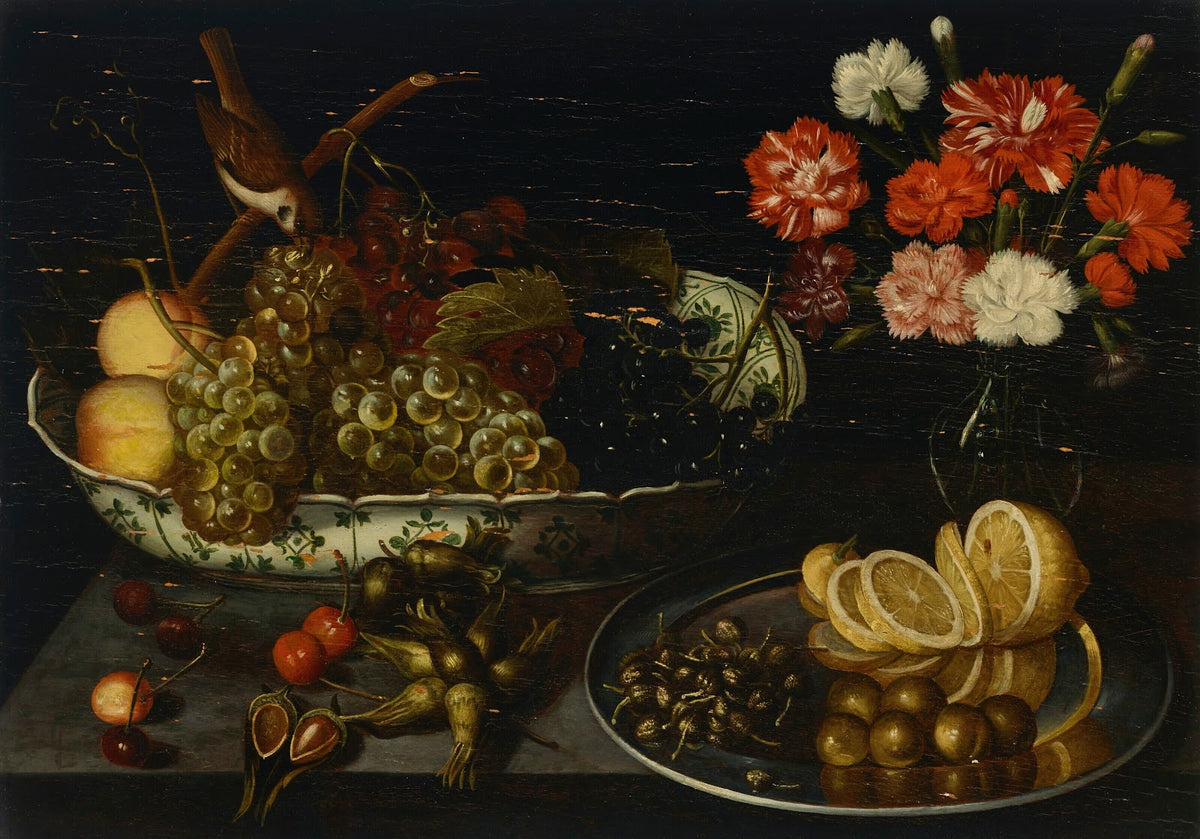 Grapes and peaches in a porcelain bowl with a finch carnations in a glass vase a