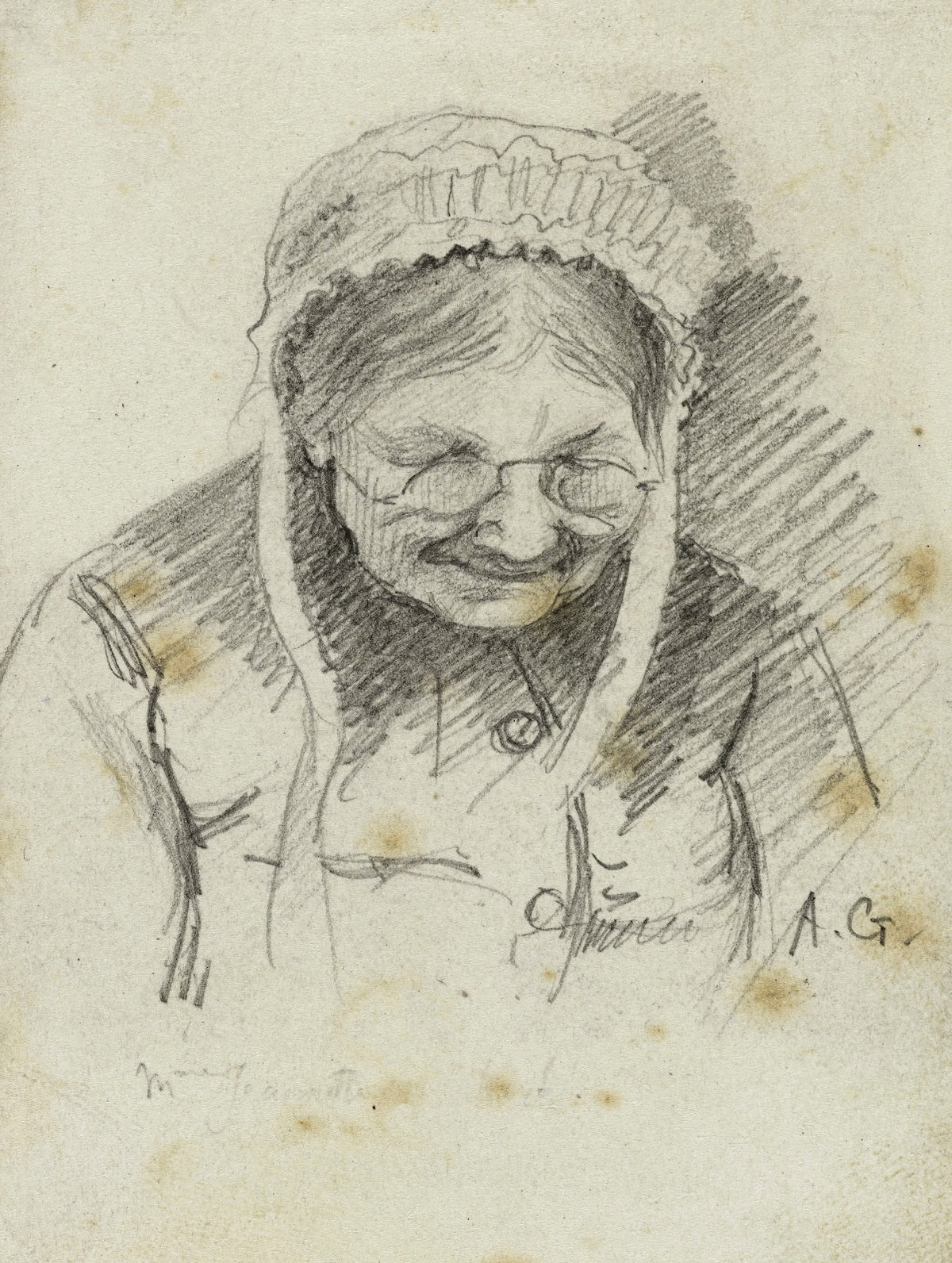 Portrait de femme âgée portant une coiffe et des lunettes de face le visage penc