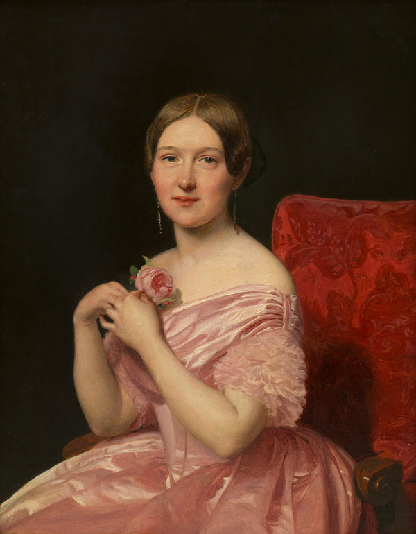 Junge Dame in rosafarbenem Atlaskleid 1846