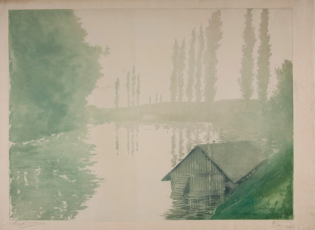 Hazy riverside landscape with poplars and a house on the water 19031905