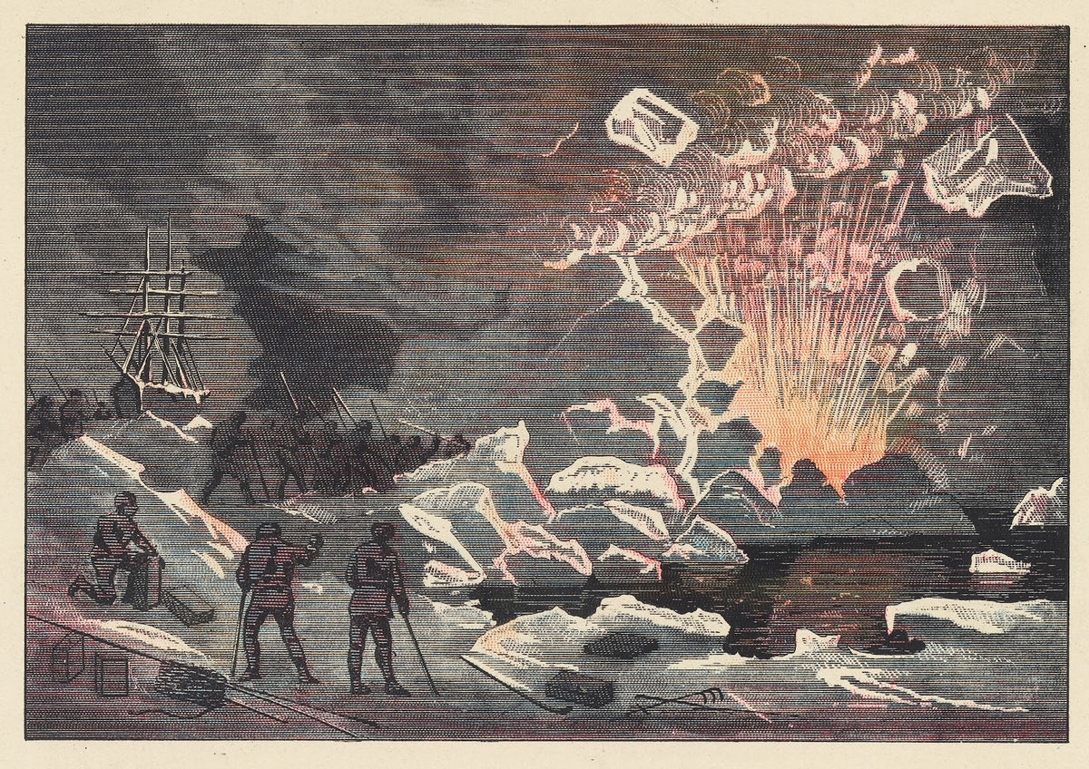 Arctic explorers employing dynamite to open a channel through the ice 1884
