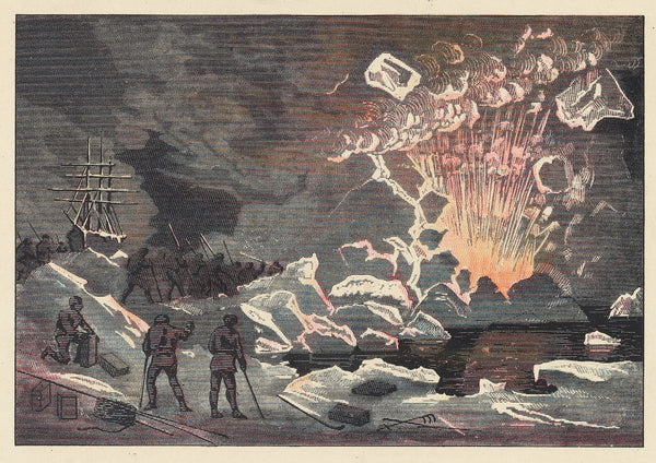 Arctic explorers employing dynamite to open a channel through the ice 1884