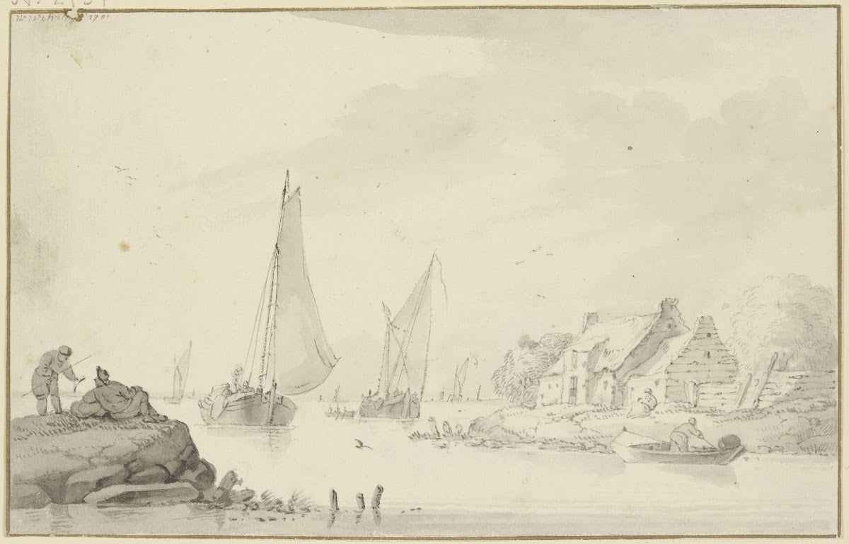 Marine rechts am Ufer Bauernhäuser links auf einem Felsen zwei Fischer 1701