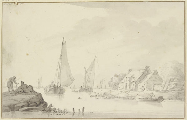 Marine rechts am Ufer Bauernhäuser links auf einem Felsen zwei Fischer 1701