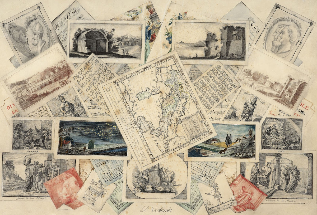 Trompe lœil of a map of Italy and of etchings and scores 1834