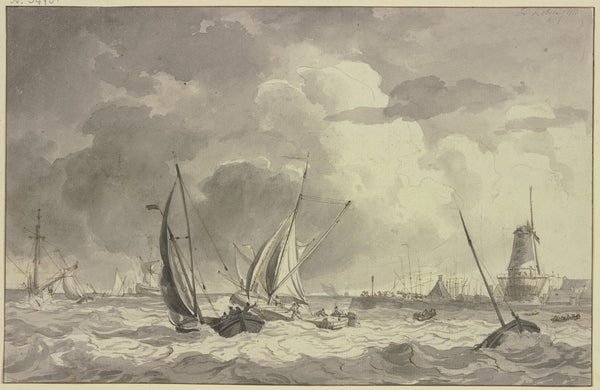 Bewegte See mit vielen Schiffen rechts der Hafen mit einer Windmühle und einer g