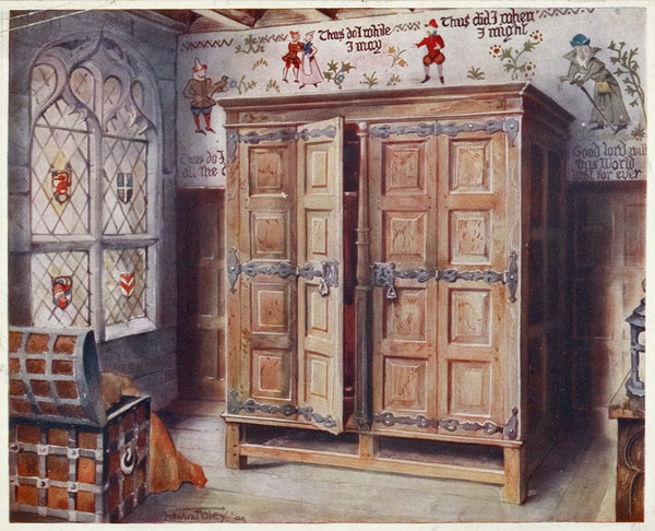 Oak press Strangers Hall Norwich Wall fresco painting West Stowe ca 1550 1910