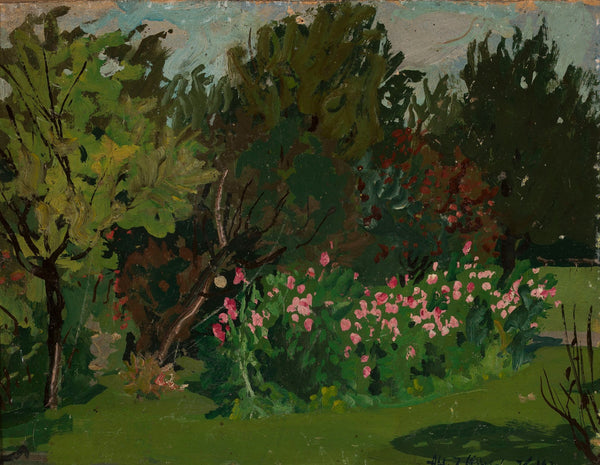Fragment of a garden with pink flowers 1938