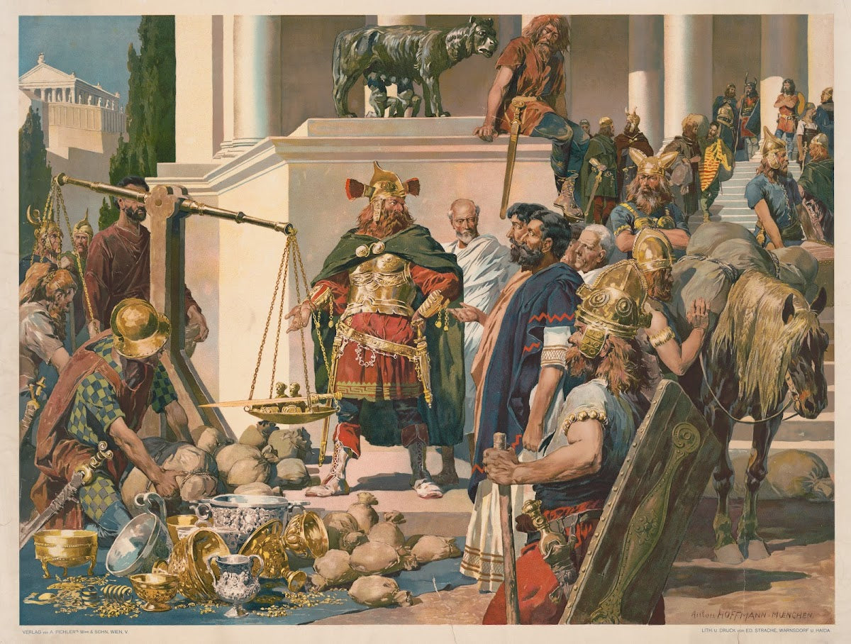 Nordic military men negotiating with Romans over gold silver bowls and coins