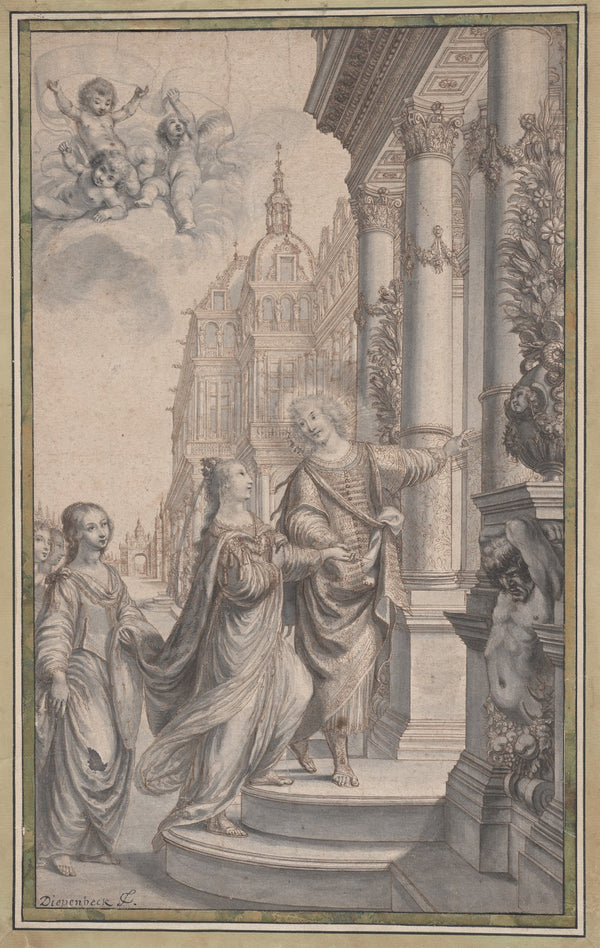 Design for a Frontispiece A Man Guiding a Crowned Woman and her Attendants to th
