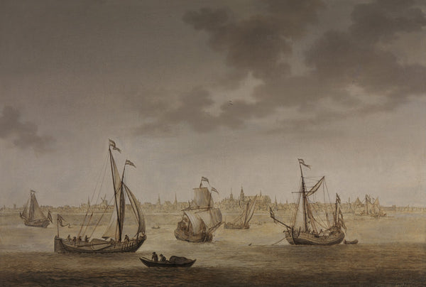 A three masted sailing ship and other shipping before Gouda circa 1684