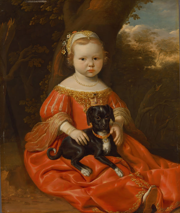 Portrait of a young girl in a red dress with her dog in a landscape