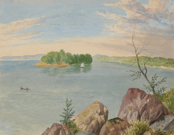 Fishermen on lake with sailboat
