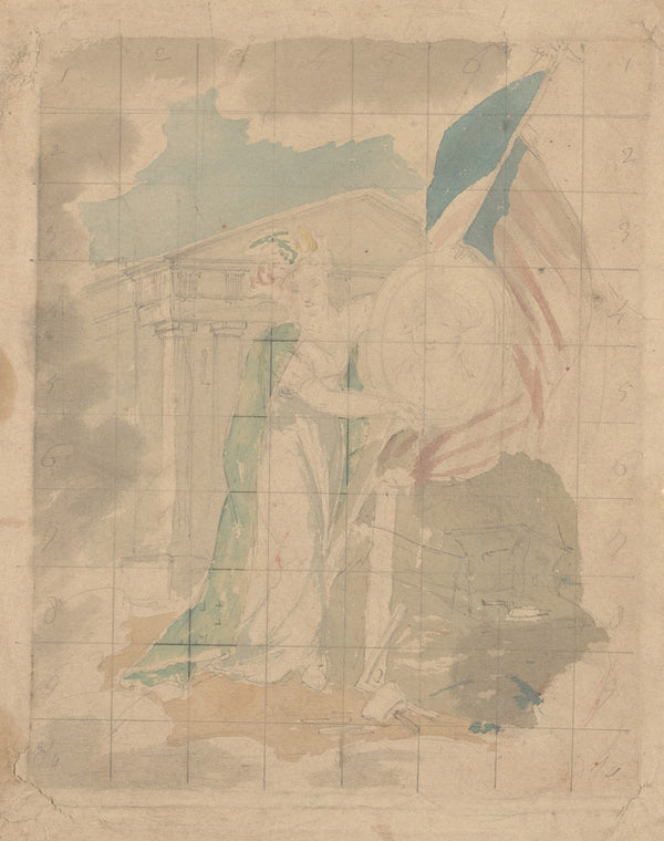 Patriotic allegory with female figure standing before Greek temple holding shiel