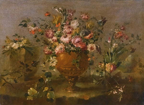 AStill Life With Roses Carnations And Other Flowers In A Vase On A Ledge
