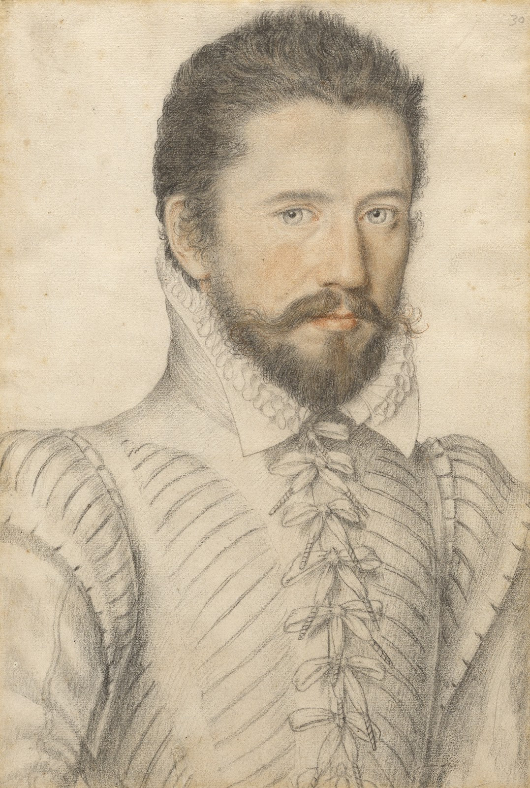 Portrait of a bearded man half length wearing a slashed doublet 1575