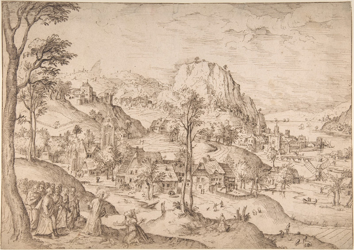 Panoramic Mountainous Estuary Landscape with Christ and the Woman of Canaan mid