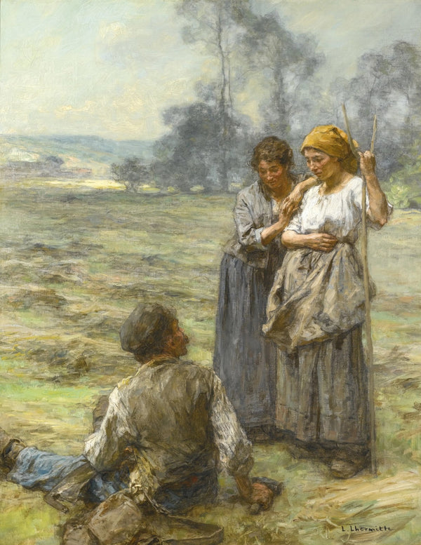Foins fauchers et deux femmes le matin