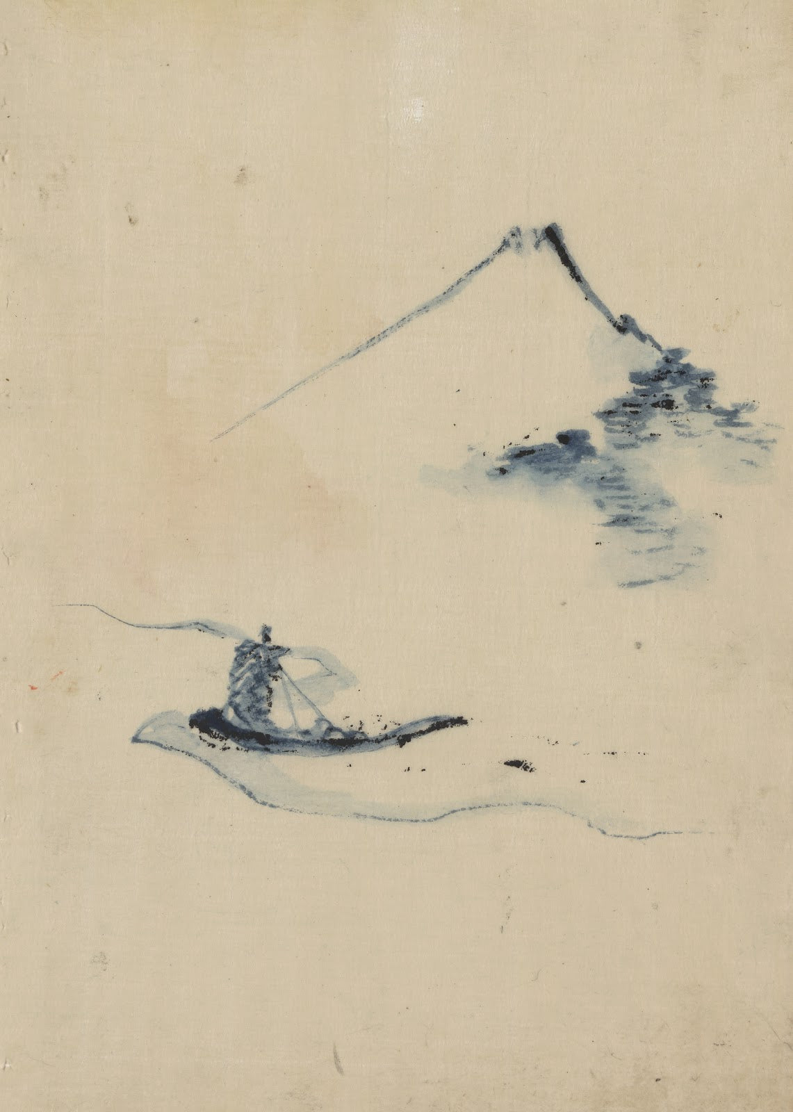 A person in a small boat on a river with Mount Fuji in the background 1830 1850