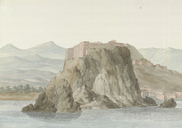 Rots en stad Scilla in de regio Calabrië gezien vanaf zee aan de noordkant 1778