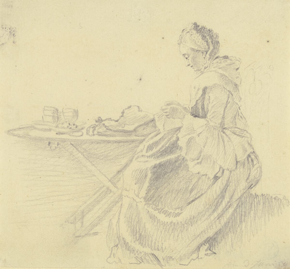 Junge Dame mit Handarbeit im Profil nach links neben einem Tisch sitzend 1759