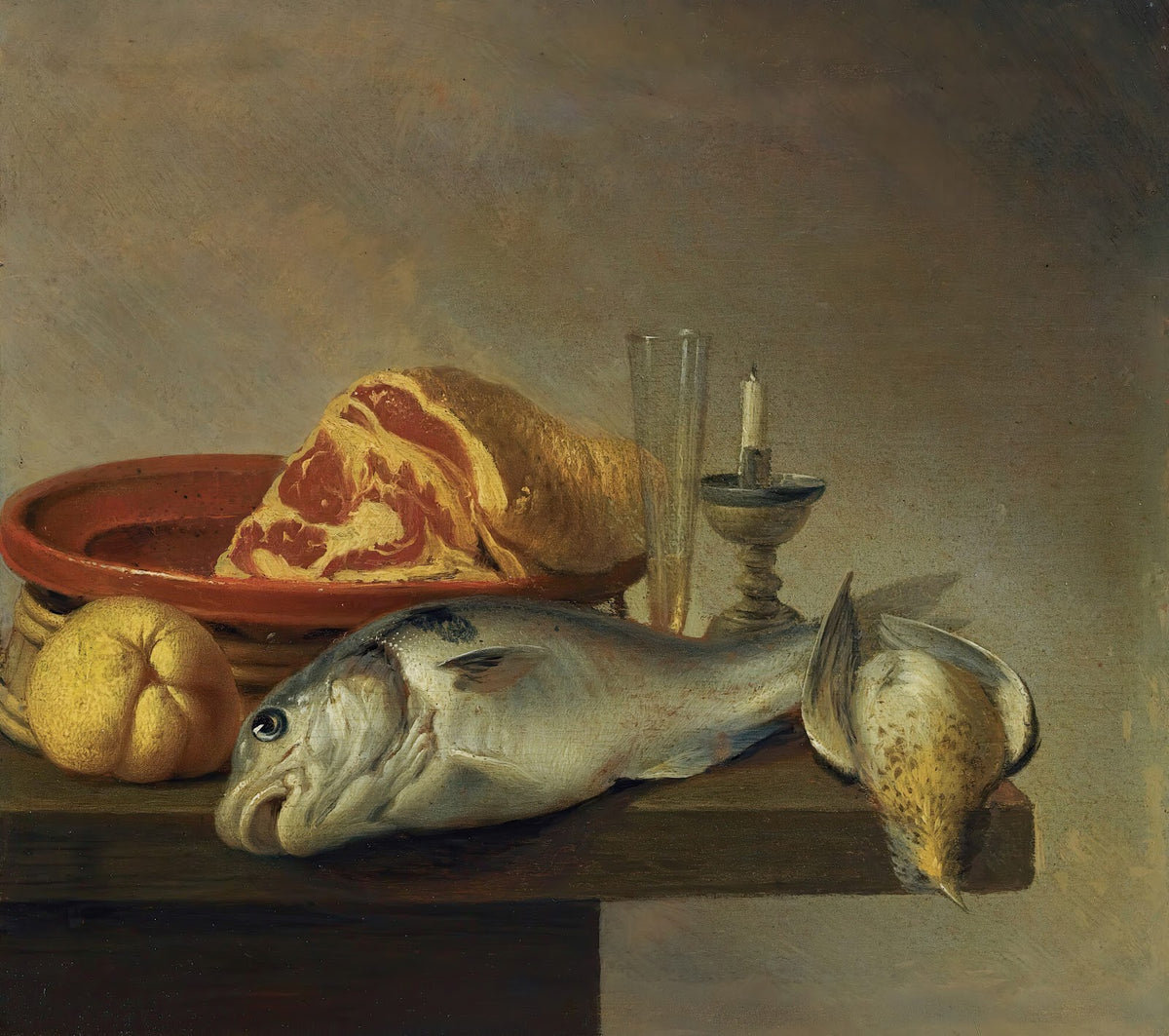 Still Life With A Ham A Fish A Candle And Other Objects Arranged On The Edge Of