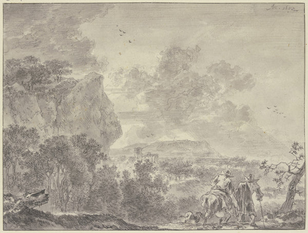 Italienische Landschaft bewaldete Ebene vorne zwei Wanderer der linke beritten 1