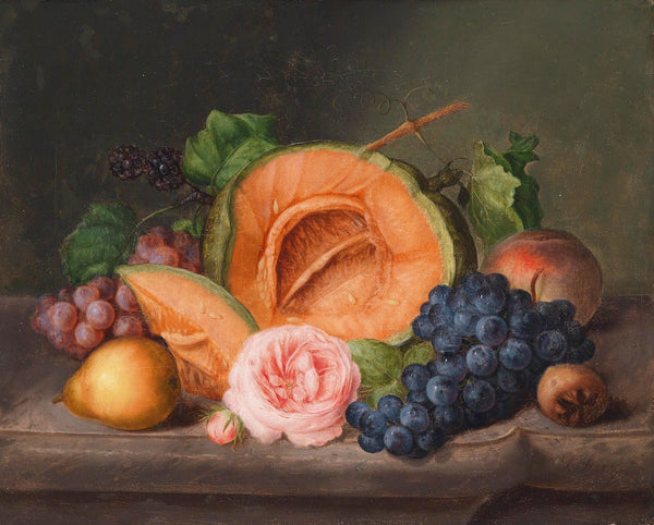 A Kitchen Still Life with Melon Tomato Apples Pears and Flowering Pea Pods